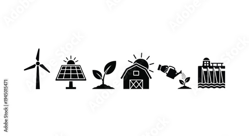 Icons representing various renewable energy sources and agricultural elements