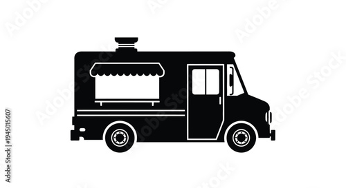 Simple black silhouette of a food truck showcasing a service window