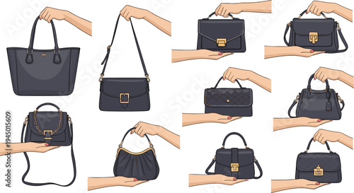 Women Fashion Handbag Collection with Stylish Purses Shoulder Bags and Tote Accessories Held by Hands Modern Fashion Retail and Shopping Vector Illustration Set