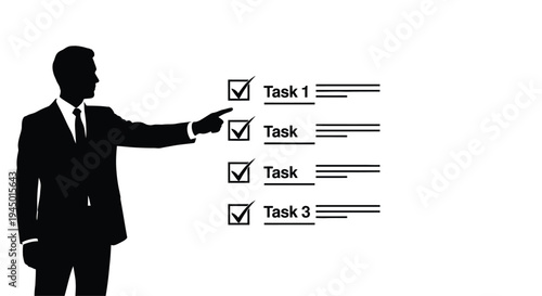 Vector silhouette of businessman checking tasks, to-do list icons