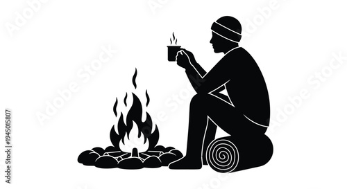 Silhouette of a man warming himself by a campfire with a drink
