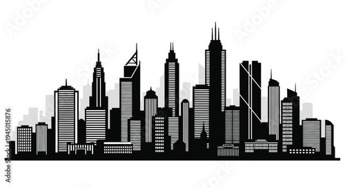 A striking black and white skyline illustration of a modern city