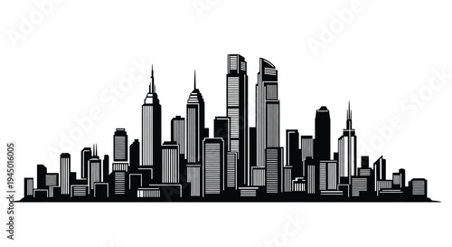 A striking black and white skyline illustration of a modern city