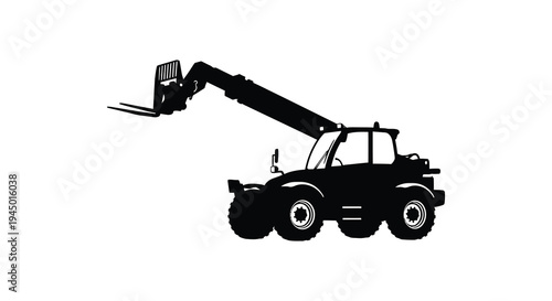 A stark black silhouette of a telehandler construction vehicle with extended forks silhouette high quality professional