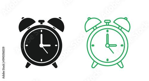 Two alarm clocks one black and one green showing different times