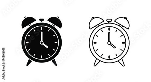 Two alarm clocks depicted in contrasting black and white line art styles