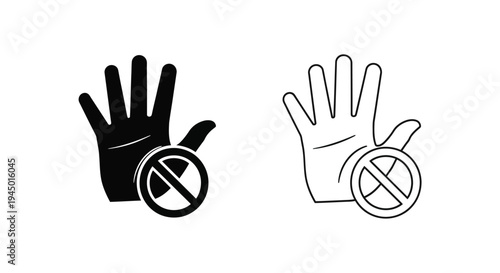 Stop hand sign icons black and white variations with prohibition symbols