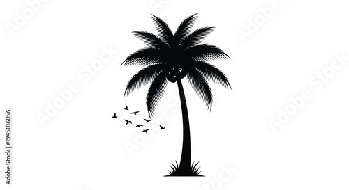 Silhouette of a palm tree with flying birds against a white background