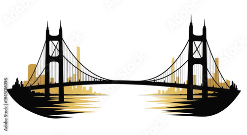 Silhouette of a suspension bridge with a city skyline at sunset