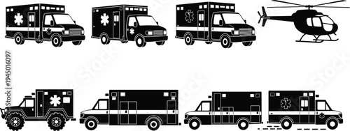 Ambulance and medical helicopter silhouette collection isolated on white background, emergency rescue vehicles set including paramedic ambulance trucks and air ambulance for healthcare design