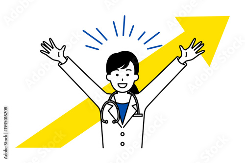 上昇する矢印とバンザイで喜ぶ医師の女性