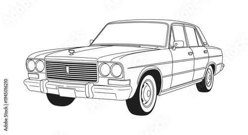 A detailed line drawing depicts a classic vintage car showcasing its elegant design silhouette high quality