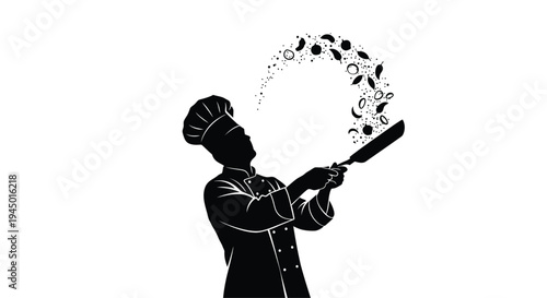 Black silhouette of chef cooking with frying pan vector