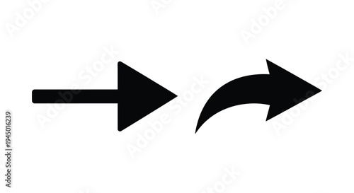 Two black arrows depicting direction and movement one straight one curved