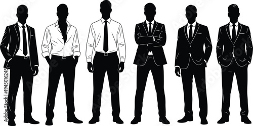 Black and white vector silhouette collection of six successful businessmen wearing professional suits formal shirts and ties standing in a row on white background