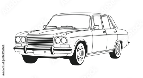 A detailed line drawing of a classic car from a three quarter view silhouette high quality professional