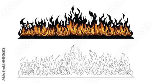 Stylized flames and a corresponding line art illustration below