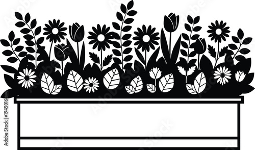 Black and white vector silhouette illustration of a floral window box planter featuring a variety of blooming garden flowers leaves and decorative foliage.