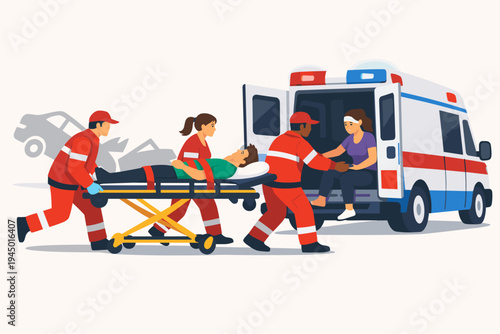 Emergency Medical Workers and Paramedics Rushing to Get Injured Accident Victims into an Ambulance for Urgent Care; Rescue Team Providing First Aid and Transporting Patients after a Car Accident.