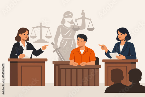 Female Lawyers Questioning Accused Man in Orange Jumpsuit in Courtroom, Lady Justice Silhouette Background, Legal Trial Prosecution and Defense Scene, Law and Justice Flat Vector Illustration.