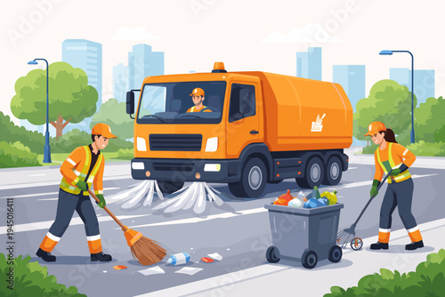 Sanitation Workers and Street Sweeper Truck Cleaning City Road, Professional Team in Safety Vests Sweeping Garbage and Collecting Trash for Urban Maintenance, Flat Vector Illustration Concept