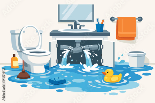 Flat Vector Illustration of a Flooded Bathroom with Broken Pipes Leaking Water Under the Sink, Toilet, Plunger, and Rubber Duck Floating in Water, Representing a Home Plumbing Repair Emergency
