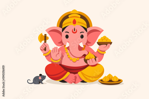 Cute Lord Ganesha Flat Vector Illustration for Ganesh Chaturthi Festival. Hindu God Ganpati Sitting with Modak Sweets, Axe, and Mouse Vahana on Light Background. Religious Spiritual Graphic Art.