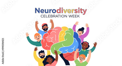 Illustration of diverse people celebrating Neurodiversity Celebration Week with colorful brain design and joyful expressions on a white background.