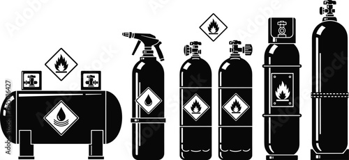 Black and white vector silhouettes of pressurized gas cylinders, fuel tanks, and fire extinguishers with flammable hazard warning symbols for industrial safety and equipment design.