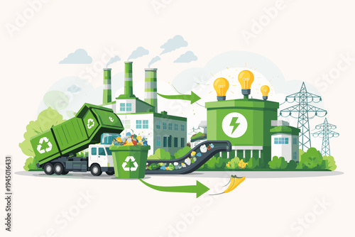 Waste-to-Energy Concept Illustration with Garbage Truck Dumping Trash into a Green Recycling Factory to Produce Electric Power and Renewable Energy for Sustainable Environmental Conservation.