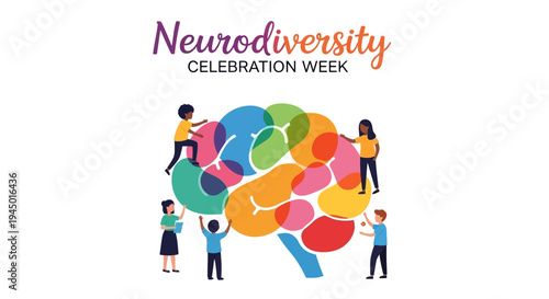 Illustration of people celebrating Neurodiversity Celebration Week with a colorful brain design, promoting awareness and acceptance in an inclusive society with diverse minds.
