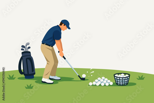 Professional male golfer practicing his swing on a green field with a basket of golf balls and a bag of clubs. Simple flat vector illustration of a man playing golf for leisure and sport.