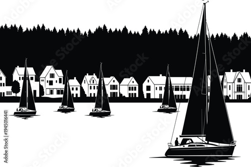 Black and white vector silhouette of sailboats on a calm lake with a coastal village, waterfront houses, and a dense pine forest background.