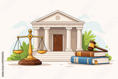Judicial Court Building with Scales of Justice, Law Books, and Gavel Vector Illustration. Concept of Legal System, Courthouse, Trial, Litigation, and Attorney Services in Simple Flat Style.