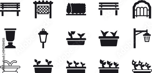 Black garden icons set with park bench pergola hedge fountain street lamp lantern flower pot seedling plants and outdoor furniture silhouettes for landscape design landscaping vector illustration.