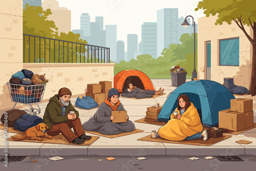 Vector Illustration of Homeless People Living in Tents on a City Sidewalk with Personal Belongings and a Dog, Highlighting Urban Poverty, Social Issues, and the Housing Crisis in a Modern Society