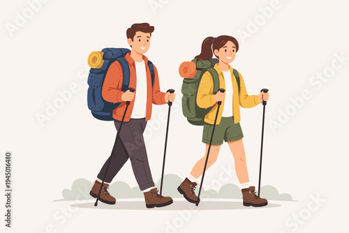 Happy young man and woman couple hiking together with large backpacks and trekking poles, outdoor adventure, backpacking trip, active lifestyle, flat vector illustration on light background