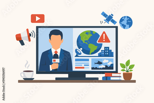 Flat vector illustration of a news anchor reporting breaking world news on a television screen, featuring a globe, satellite, megaphone, and social media icons on a desk with coffee and books.