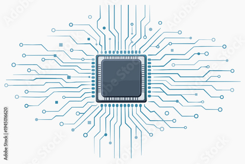 Central Processing Unit CPU Microchip with Circuit Board Traces and Electronic Connections Radiating Outwards, Flat Vector Illustration for Technology, Computing, and Artificial Intelligence Data.