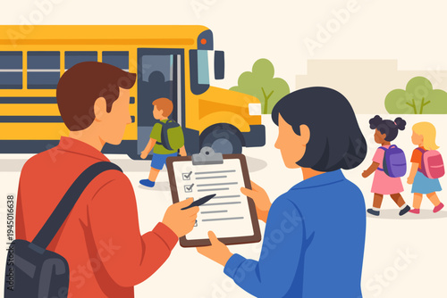 Flat Vector Illustration of Teachers or School Staff Reviewing a Student Attendance List on a Clipboard as Children Get Off a Yellow School Bus for Morning Arrival or a Field Trip Activity.