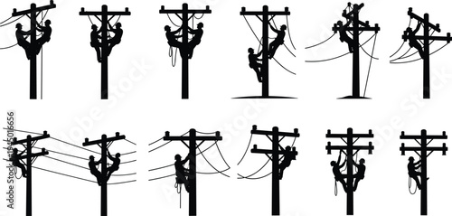 Black silhouette collection of electrical linemen working on utility poles repairing power lines and maintaining high voltage electricity infrastructure isolated on white background