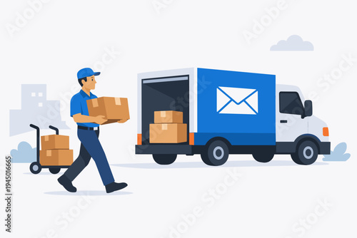 Delivery man in blue uniform carrying a cardboard parcel box to a white and blue delivery truck with an envelope icon, logistics and shipping service concept, flat vector illustration on white.