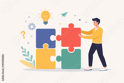 Man putting together colorful jigsaw puzzle pieces for creative problem solving, innovation, and strategic business planning concept, flat vector illustration of finding the perfect solution.