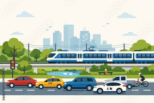 Urban Traffic Scene with Electric Train on Elevated Track, Cars, Taxi, and Cyclist in a Green City Park with Skyscrapers. Flat Vector Illustration of Sustainable Public Transport and Commuting.