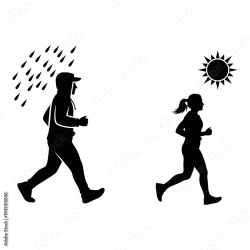 Contrast of weather conditions while jogging and walking in outdoor settings Vector, illustration