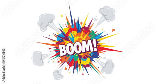 A colorful explosion with the word boom in bold lettering