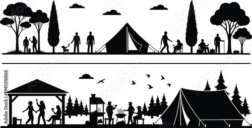 Black silhouette collection of outdoor camping activities featuring people at a campsite with tents pine trees grilling food and relaxing in a park landscape