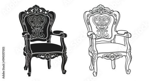 Elegant baroque style chairs depicted in contrasting black and white tones