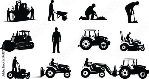 Black Silhouette Icon Set of Construction Workers Manual Laborers and Heavy Machinery Including Tractors Bulldozers Lawn Mowers and Industrial Equipment Isolated on White Background