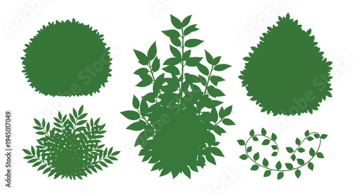A collection of diverse rounded green shrubbery and foliage shapes a dark silhouette high quality professional